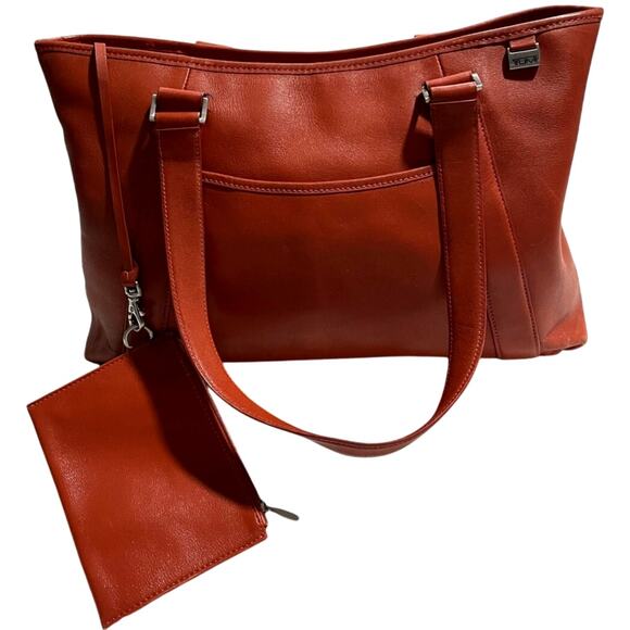 Tumi Large Shoulder Tote Bag w Matching Zip Pouch Leather Women's Orange Top Zip - Picture 1 of 16